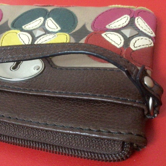 💐Authentic Fossil Leather Corner Zip Wristlet Wallet Clutch Brown Floral - Picture 8 of 8